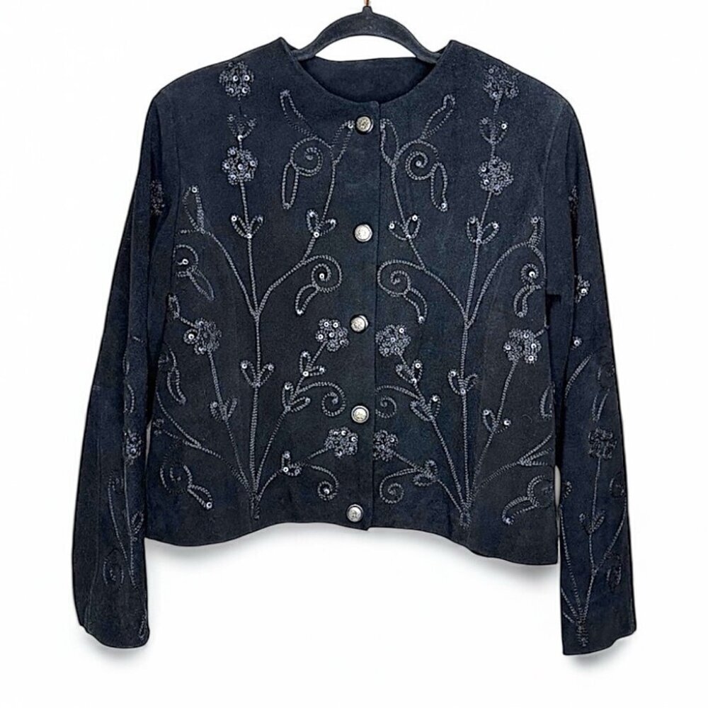 Vintage Embroidered Grunge Preppy Boho Chic Floral Genuine Leather Jacket Small